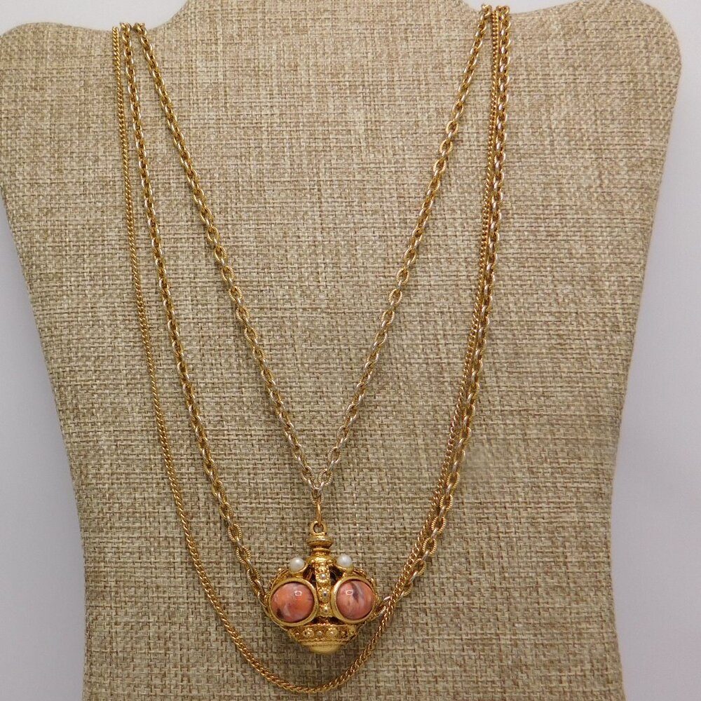 Crown Pendant 3 Strand Chain Faux Coral Pear Florenza Style VTG Goldtone Royal